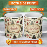 Personalized Custom Name Scandinavian Christmas Trees Baubles Snowflakes Nordic Seamless 11oz Ceramic Coffee Tea Mug White Large Handle