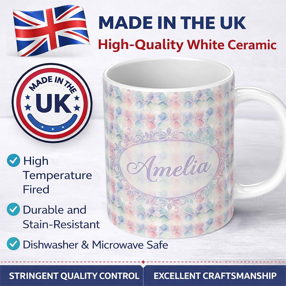 Personalized Custom Name Soft Pastel Geometric Floral Pattern Light Multicolour Seamless 11oz Ceramic Coffee Tea Mug White Large Handle