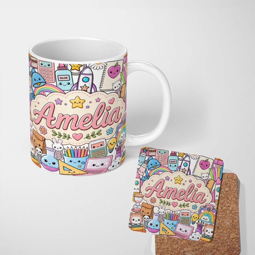 Personalized Custom Name Cute Kawaii School Supplies Rainbow Sun Globe Notebook White Lovely 11oz Ceramic Coffee Tea Mug White Large Handle