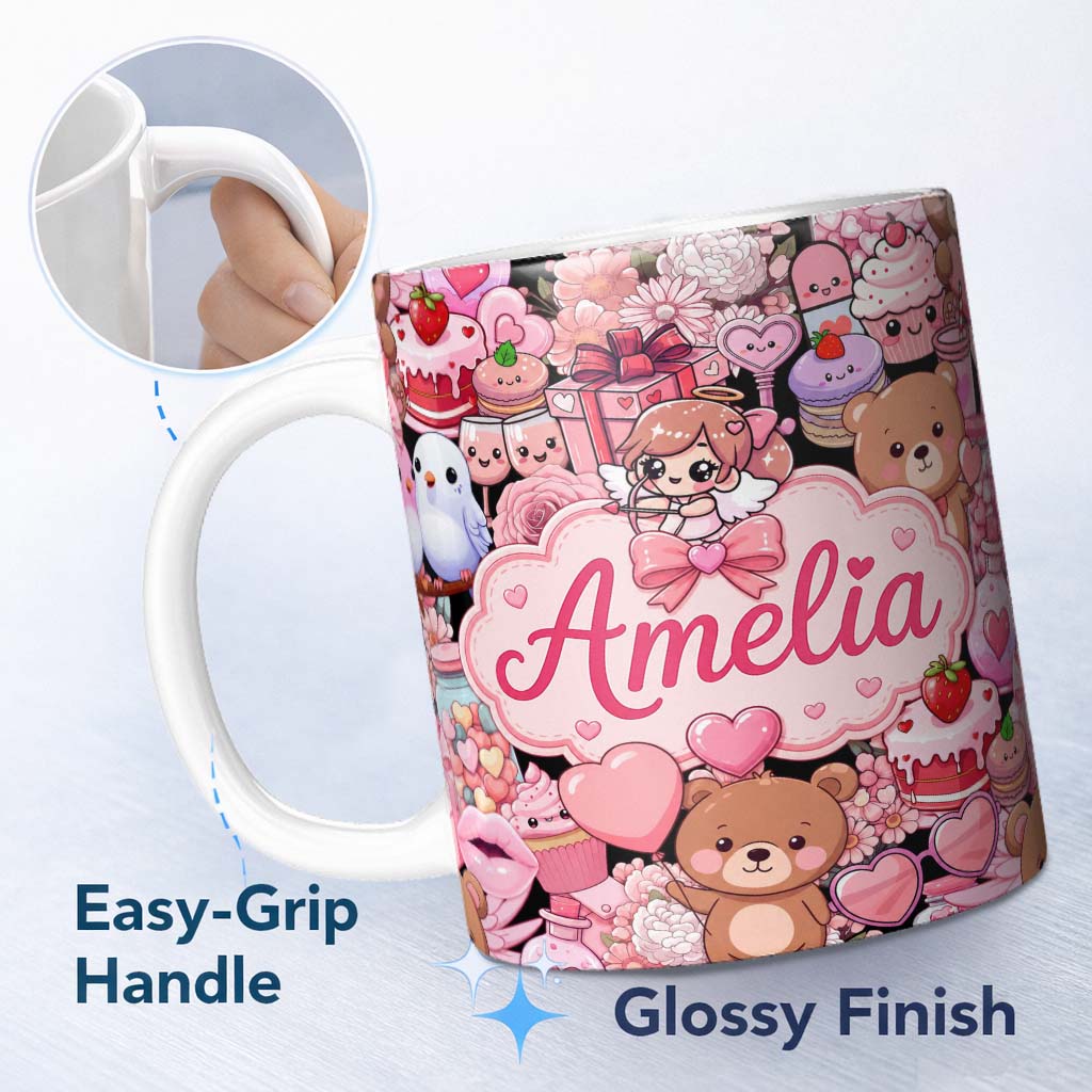 Personalized Custom Name Cute Teddy Bear Cupcake Candy Hearts Romantic Collage Seamless Black 11oz Ceramic Coffee Tea Mug White Large Handle