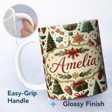 Personalized Custom Name Classic Christmas Trees Candy Canes Baubles and Festive Decor Lovely 11oz Ceramic Coffee Tea Mug White Large Handle