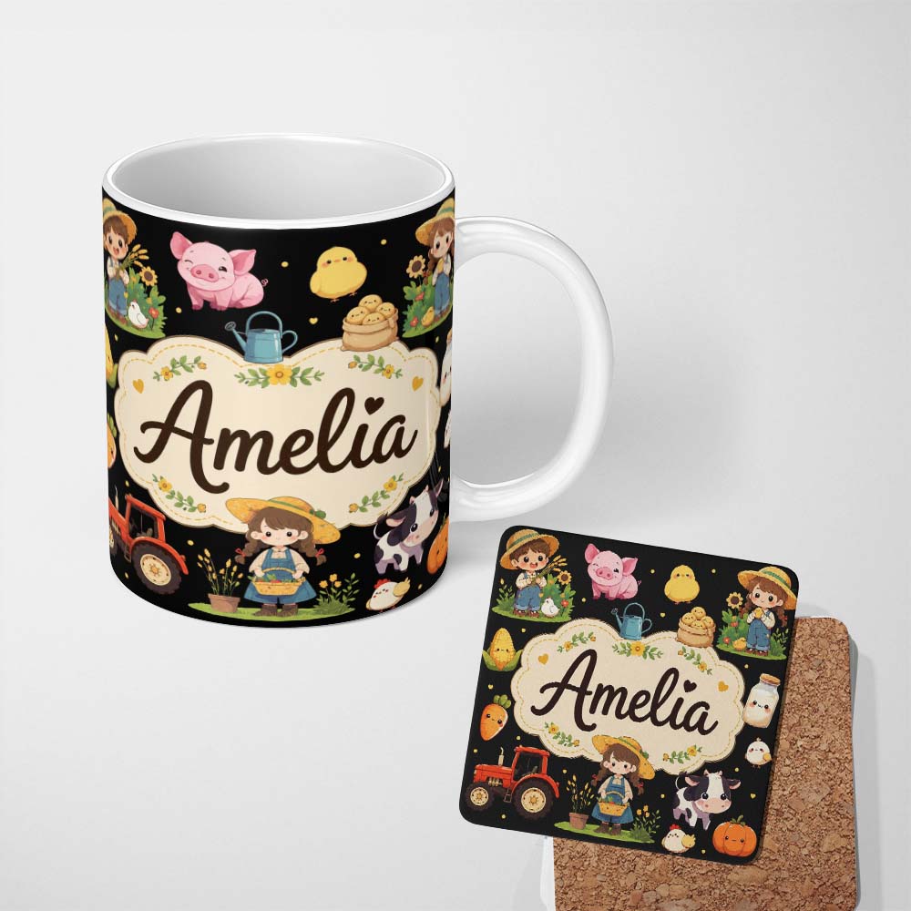 Personalized Custom Name Cute Farm Animals Girl Pig Cow Chicken Black Background Seamless 11oz Ceramic Coffee Tea Mug White Large Handle
