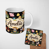 Personalized Custom Name Cute Farm Animals Girl Pig Cow Chicken Black Background Seamless 11oz Ceramic Coffee Tea Mug White Large Handle