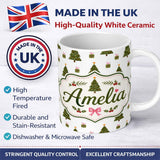 Personalized Custom Name Minimal Christmas Trees with Gifts and Stars Cute Seamless Pattern 11oz Ceramic Coffee Tea Mug White Large Handle