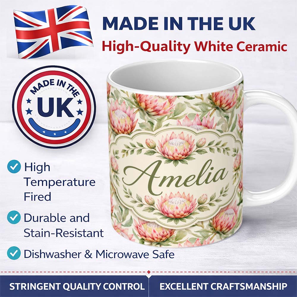 Personalized Custom Name Soft Pink Protea Flowers and Green Leaves Seamless Pattern Lovely 11oz Ceramic Coffee Tea Mug White Large Handle
