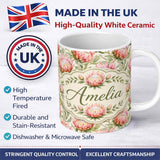 Personalized Custom Name Soft Pink Protea Flowers and Green Leaves Seamless Pattern Lovely 11oz Ceramic Coffee Tea Mug White Large Handle