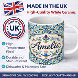 Personalized Custom Name Watercolor Mediterranean Tile Blue and Orange Floral Seamless Lovely 11oz Ceramic Coffee Tea Mug White Large Handle