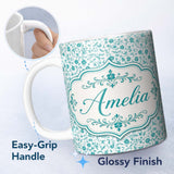 Personalized Custom Name Teal Floral Vine Pattern with Delicate Botanical Leaves Seamless 11oz Ceramic Coffee Tea Mug White Large Handle