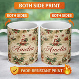 Personalized Custom Name Vintage Christmas Santa Children Holly Ornaments Snowflakes Festive 11oz Ceramic Coffee Tea Mug White Large Handle