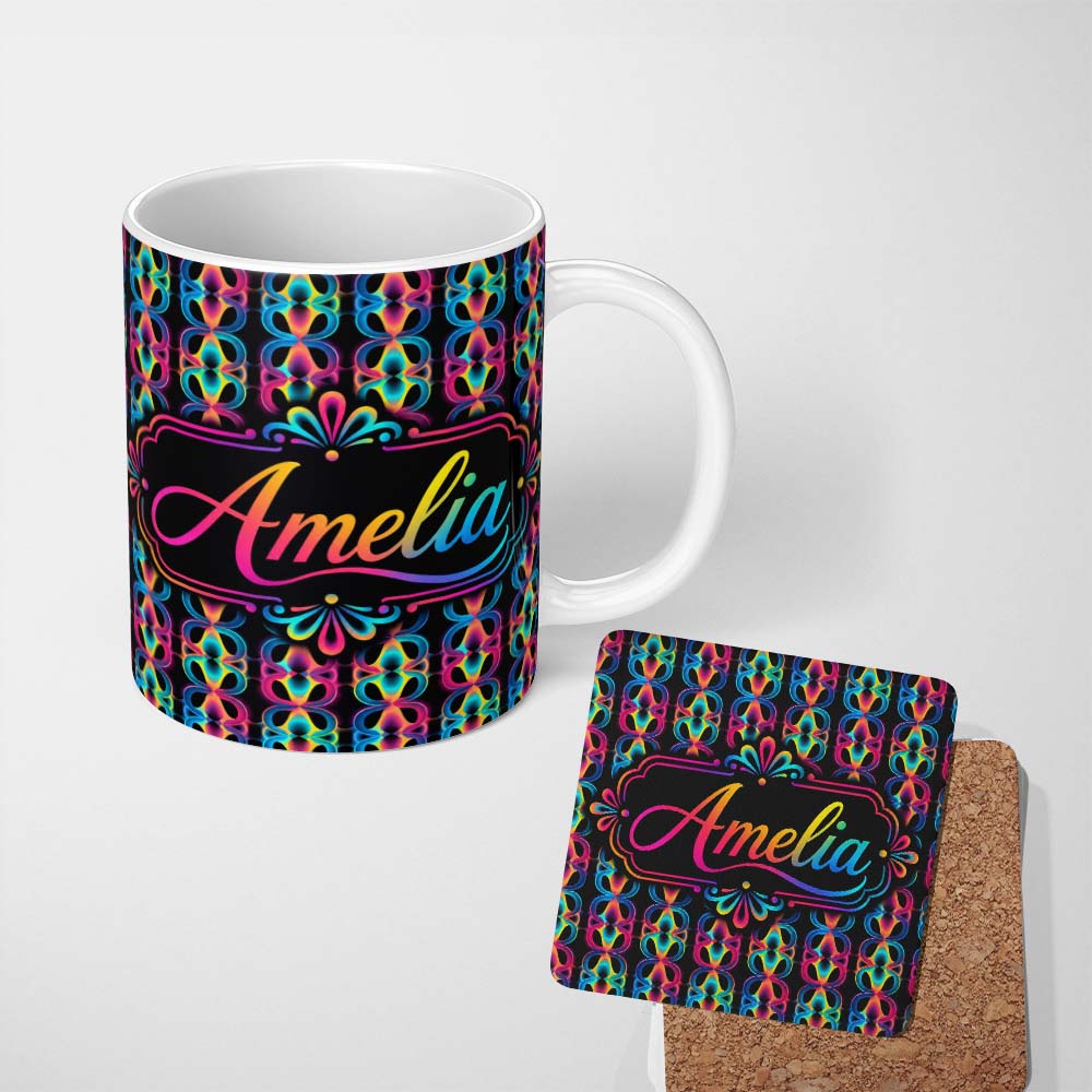 Personalized Custom Name Retro Psychedelic Loop Gradient Geometric Seamless Pattern Lovely 11oz Ceramic Coffee Tea Mug White Large Handle