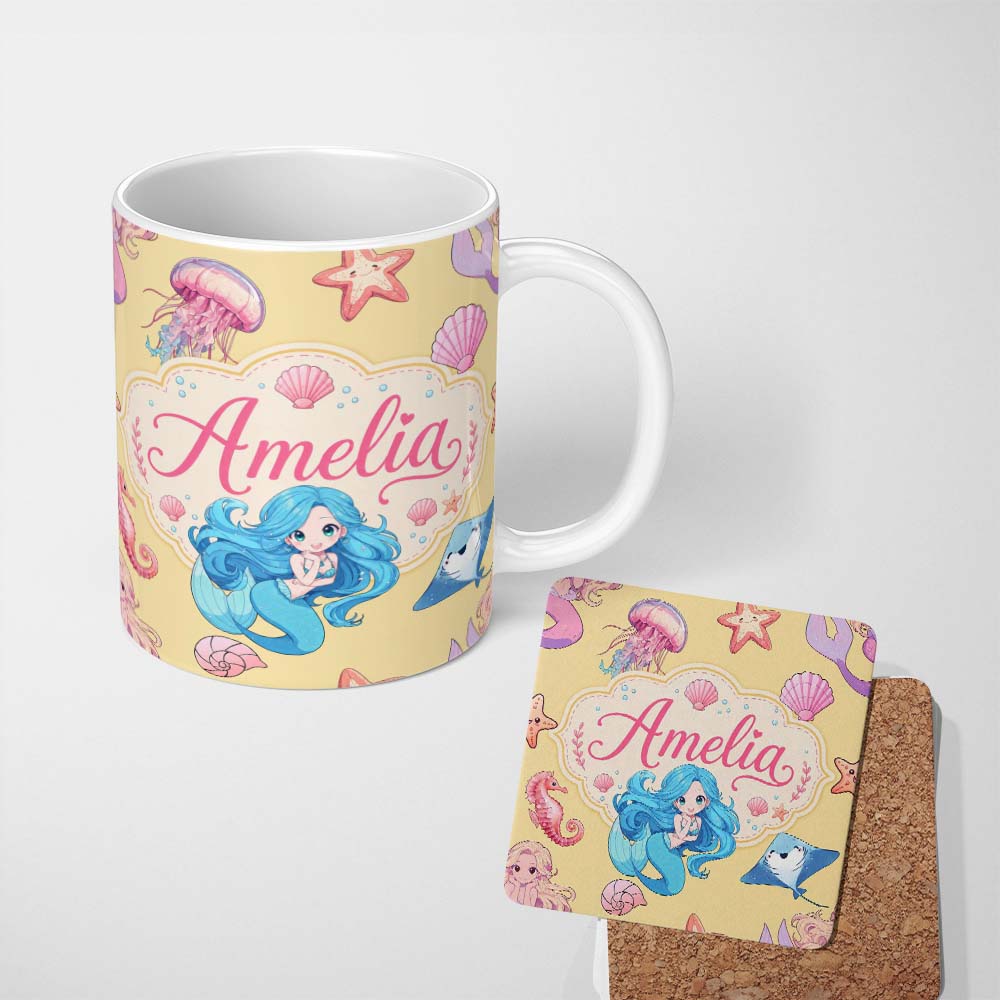 Personalized Custom Name Mermaid Ocean Friends Jellyfish Starfish Mustard Yellow Background 11oz Ceramic Coffee Tea Mug White Large Handle