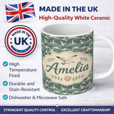 Personalized Custom Name Seagulls Flying Over Stylized Ocean Waves Seamless Pattern Lovely 11oz Ceramic Coffee Tea Mug White Large Handle