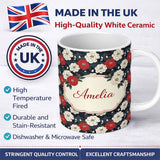 Personalized Custom Name Bold Red and Ivory Camellia Floral Seamless Pattern Cute Unique Gift 11oz Ceramic Coffee Tea Mug White Large Handle