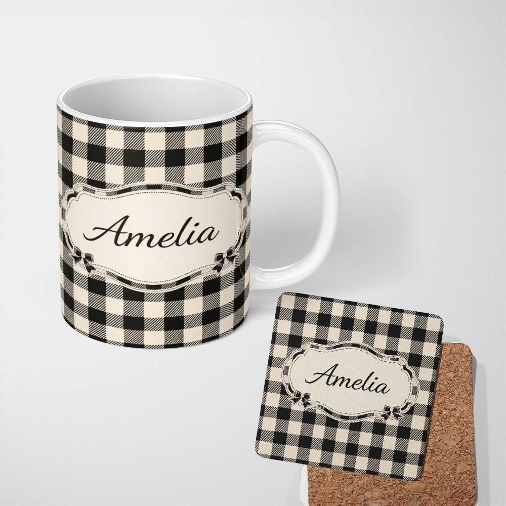 Personalized Custom Name Fine Line Gingham Black Cream Textured Check Pattern Lovely 11oz Ceramic Coffee Tea Mug White Large Handle