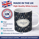 Personalized Custom Name Monochrome Bird Branch Leaf Seamless Pattern Black Blue Elegant 11oz Ceramic Coffee Tea Mug White Large Handle