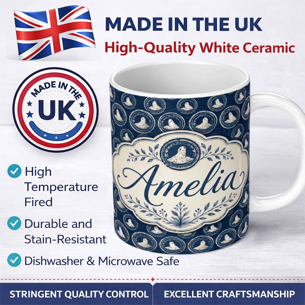 Personalized Custom Name Vintage Style Seal Cameo Medallion Navy Classic Seamless Pattern 11oz Ceramic Coffee Tea Mug White Large Handle