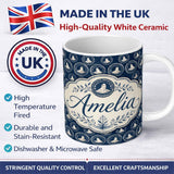 Personalized Custom Name Vintage Style Seal Cameo Medallion Navy Classic Seamless Pattern 11oz Ceramic Coffee Tea Mug White Large Handle