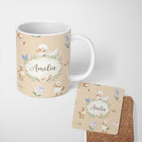Personalized Custom Name Swan and Ducklings with Flowers Mushrooms Soft Beige Seamless 11oz Ceramic Coffee Tea Mug White Large Handle