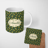 Personalized Custom Name Dark Green Lemon Tree Botanical Pattern with Detailed Leaves Lovely 11oz Ceramic Coffee Tea Mug White Large Handle