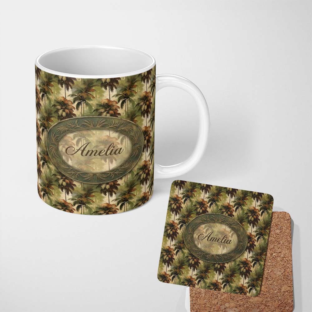 Personalized Custom Name Tropical Palm Tree Pattern in Warm Brown and Green Earthy Tones 11oz Ceramic Coffee Tea Mug White Large Handle