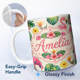 Personalized Custom Name Tropical Flamingo with Hibiscus Flowers and Leaves Cream Background 11oz Ceramic Coffee Tea Mug White Large Handle