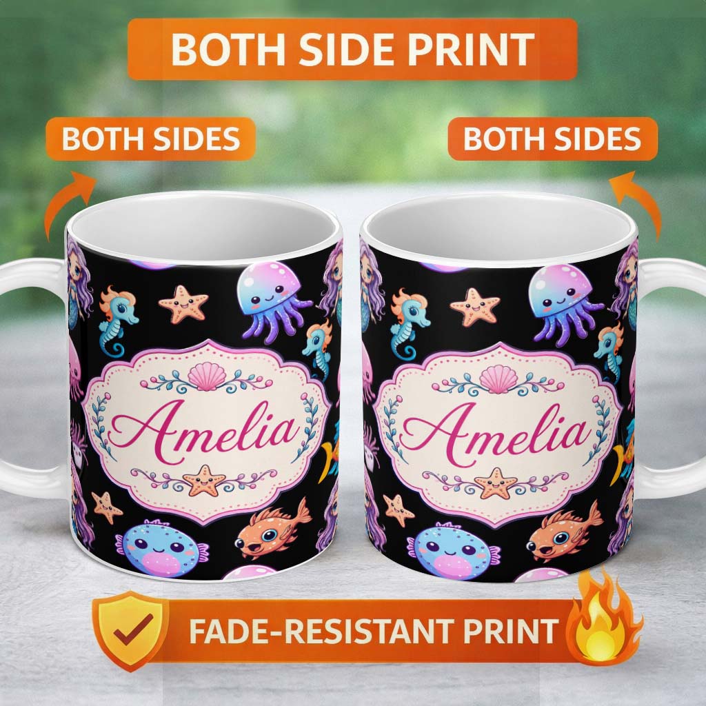 Personalized Custom Name Cute Kawaii Mermaid and Sea Creatures Seamless Ocean Pattern on 11oz Ceramic Coffee Tea Mug White Large Handle