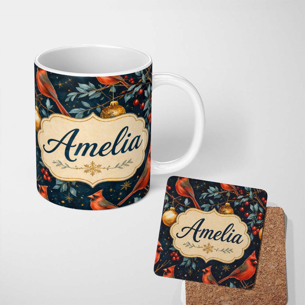 Personalized Custom Name Christmas Ornaments Birds Festive Seamless Pattern Cute Unique Gift 11oz Ceramic Coffee Tea Mug White Large Handle