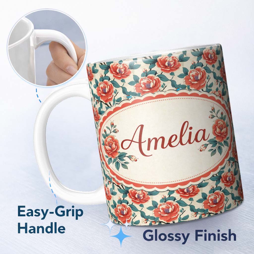 Personalized Custom Name Bold Red Blue Rose Floral Seamless Pattern Perfect Gift for Her 11oz Ceramic Coffee Tea Mug White Large Handle