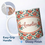Personalized Custom Name Bold Red Blue Rose Floral Seamless Pattern Perfect Gift for Her 11oz Ceramic Coffee Tea Mug White Large Handle