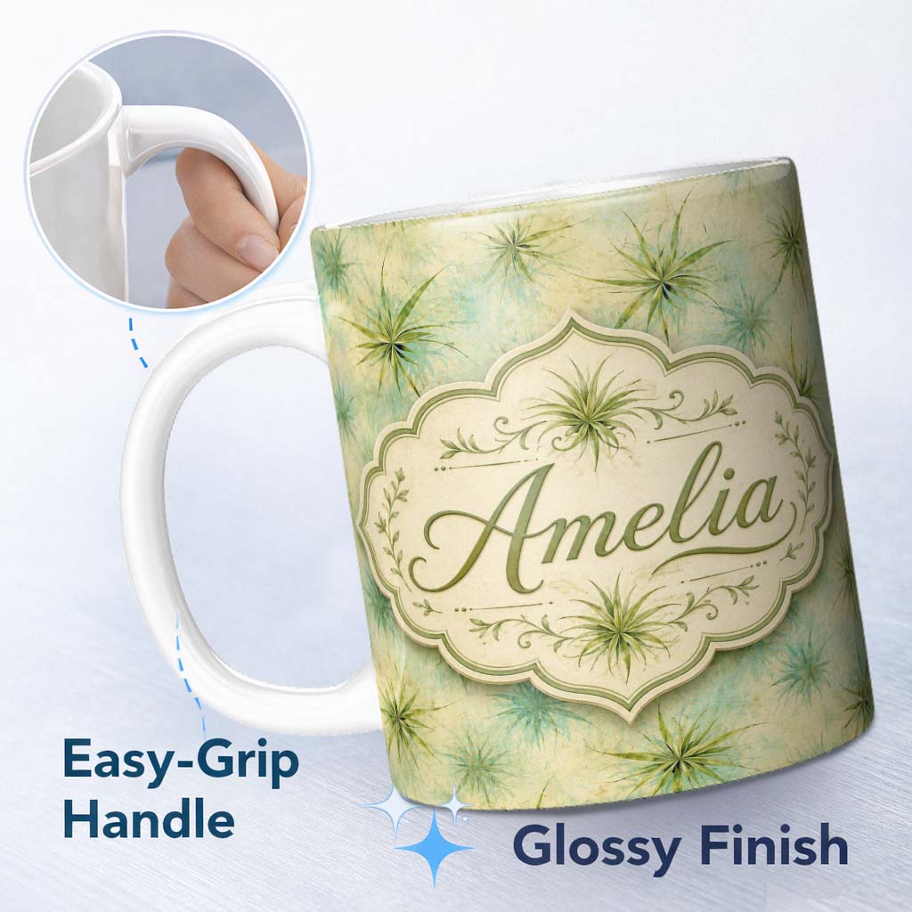 Personalized Custom Name Abstract Botanical Air Plant Texture Seamless Pattern Design Lovely 11oz Ceramic Coffee Tea Mug White Large Handle