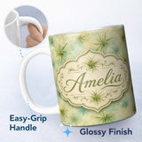 Personalized Custom Name Abstract Botanical Air Plant Texture Seamless Pattern Design Lovely 11oz Ceramic Coffee Tea Mug White Large Handle