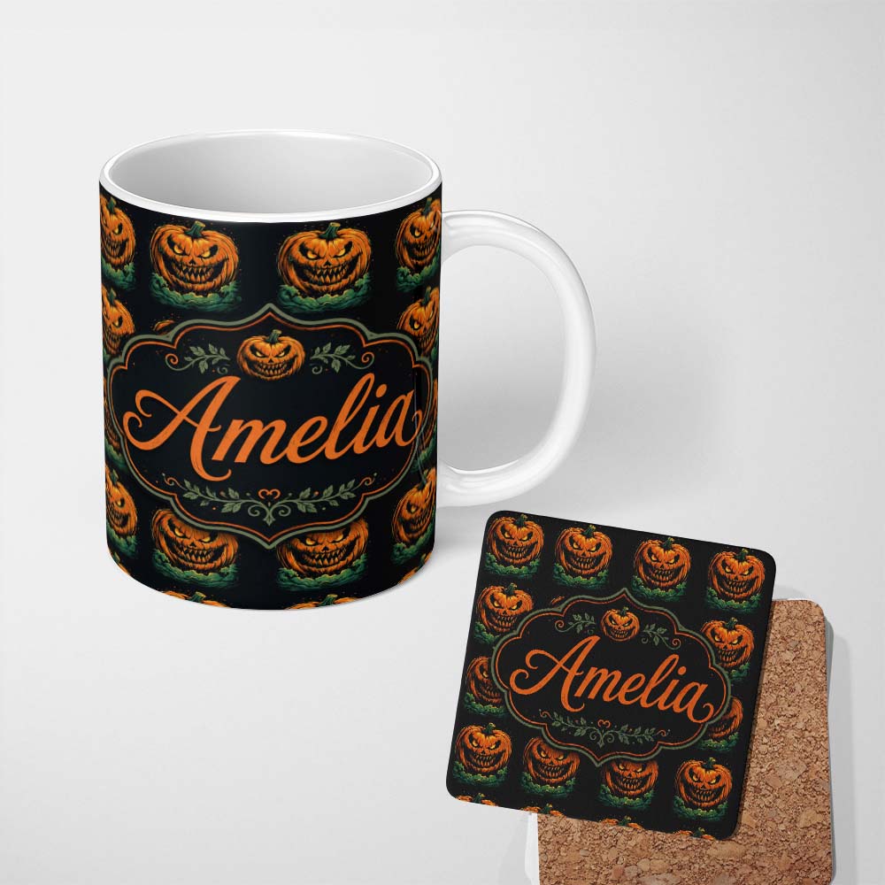 Personalized Custom Name Creepy Pumpkin Ocean Waves Dark Halloween Seamless Pattern Lovely 11oz Ceramic Coffee Tea Mug White Large Handle