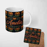 Personalized Custom Name Creepy Pumpkin Ocean Waves Dark Halloween Seamless Pattern Lovely 11oz Ceramic Coffee Tea Mug White Large Handle