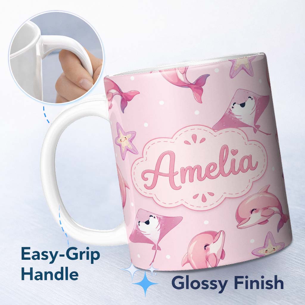 Personalized Custom Name Cute Pink Dolphins and Starfish Ocean Soft Pink Polka Dot Background 11oz Ceramic Coffee Tea Mug White Large Handle