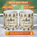 Personalized Custom Name Rustic Evergreen Trees Vintage Wood Texture Seamless Pattern Lovely 11oz Ceramic Coffee Tea Mug White Large Handle