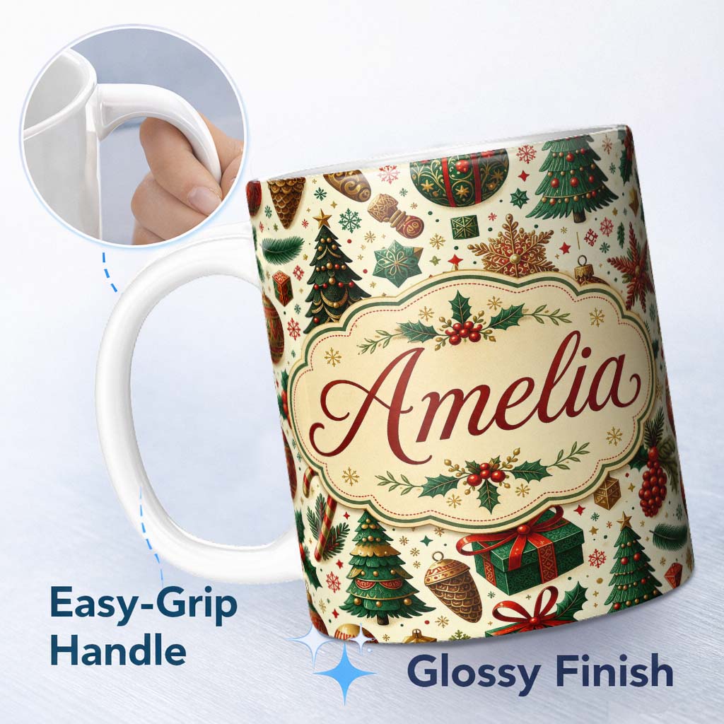Personalized Custom Name Traditional Christmas Tree Ornaments Candy Canes Festive Design 11oz Ceramic Coffee Tea Mug White Large Handle