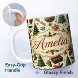 Personalized Custom Name Traditional Christmas Tree Ornaments Candy Canes Festive Design 11oz Ceramic Coffee Tea Mug White Large Handle