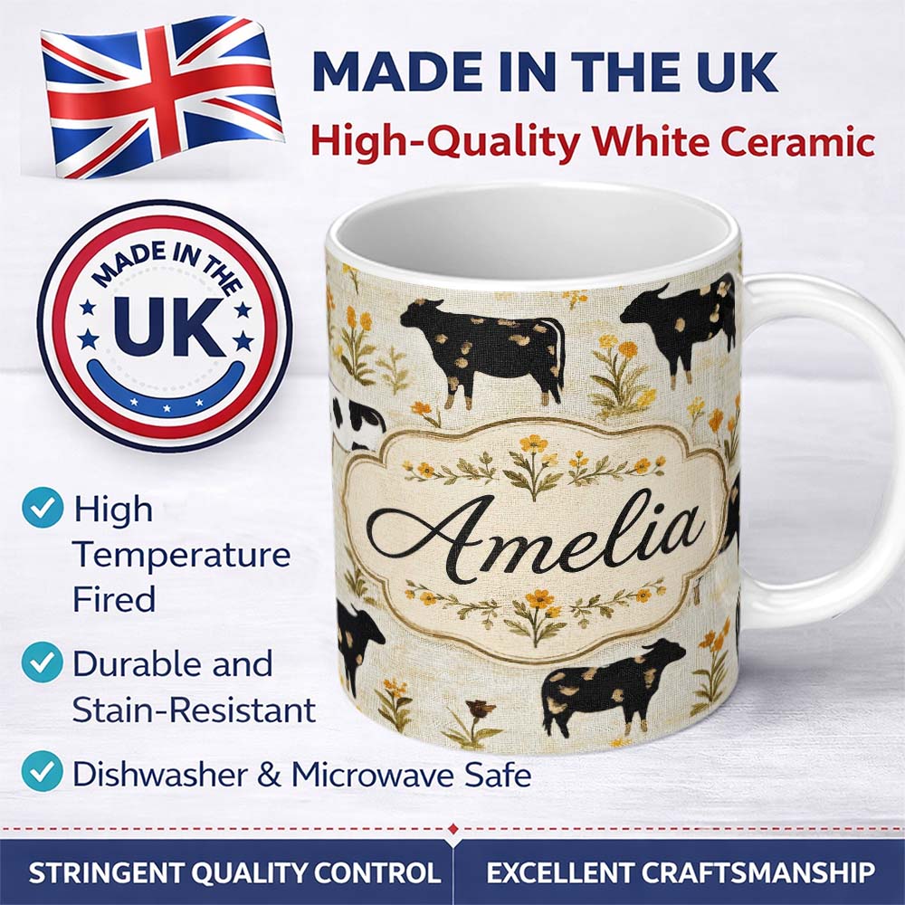 Personalized Custom Name Rustic Cow Silhouette with Floral Meadow Seamless Pattern Lovely 11oz Ceramic Coffee Tea Mug White Large Handle