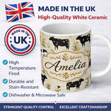 Personalized Custom Name Rustic Cow Silhouette with Floral Meadow Seamless Pattern Lovely 11oz Ceramic Coffee Tea Mug White Large Handle