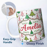 Personalized Custom Name Whimsical Christmas Trees with Red Green Patterns and Stars Seamless 11oz Ceramic Coffee Tea Mug White Large Handle