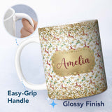 Personalized Custom Name Gold Reindeer Heart Confetti Seamless Pattern Design Christmas 11oz Ceramic Coffee Tea Mug White Large Handle