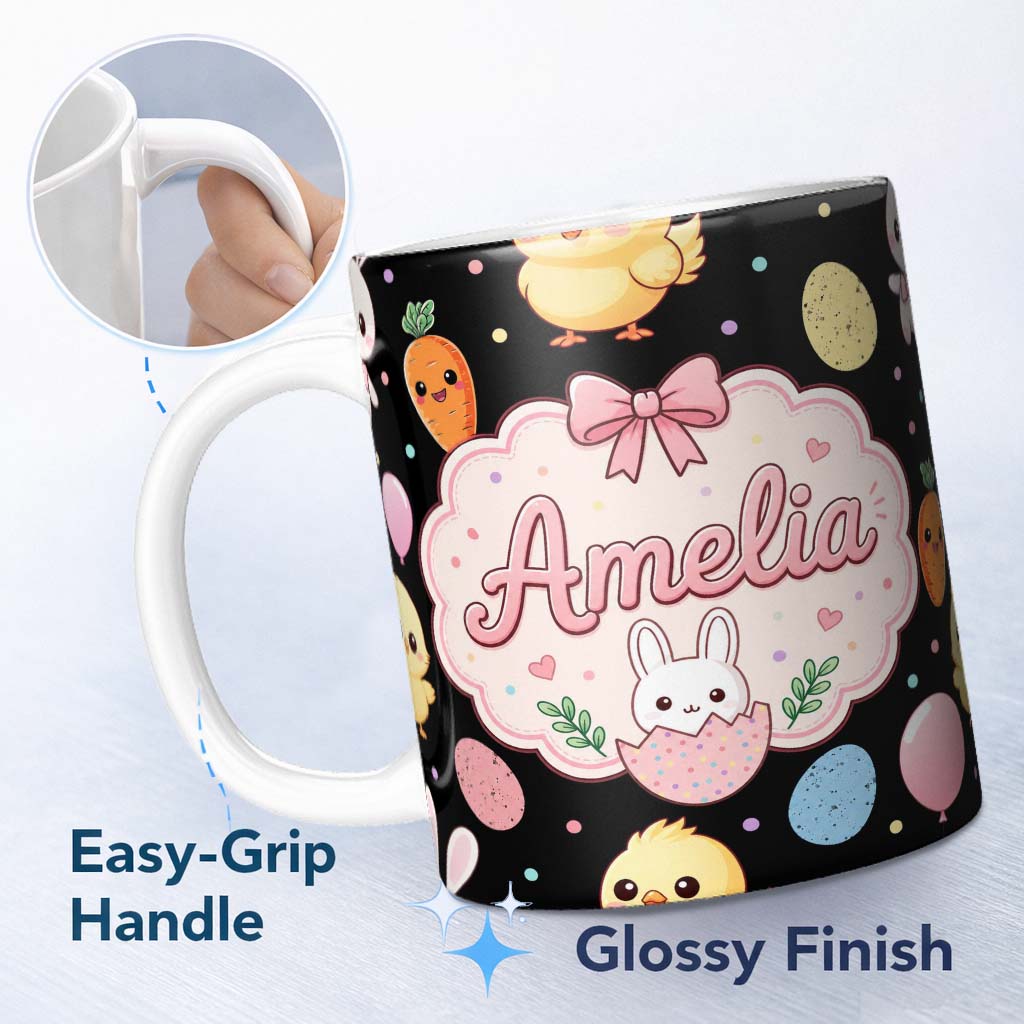 Personalized Custom Name Cute Easter Bunny Chick Carrots Eggs Polka Dot Pattern Black Lovely 11oz Ceramic Coffee Tea Mug White Large Handle