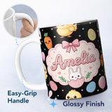 Personalized Custom Name Cute Easter Bunny Chick Carrots Eggs Polka Dot Pattern Black Lovely 11oz Ceramic Coffee Tea Mug White Large Handle