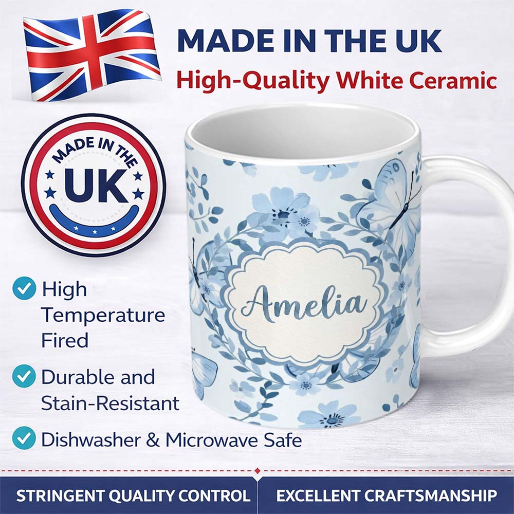 Personalized Custom Name Cute Blue Butterflies with Floral Background Seamless Pattern Lovely 11oz Ceramic Coffee Tea Mug White Large Handle