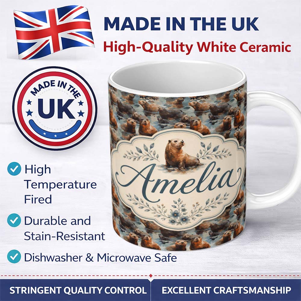 Personalized Custom Name Cute Cartoon Seal Shapes in Blue Minimal Modern Seamless Pattern 11oz Ceramic Coffee Tea Mug White Large Handle