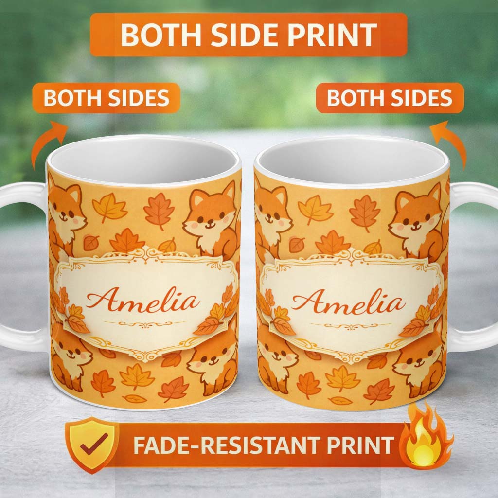 Personalized Custom Name Cute Autumn Fox Cartoon Animal Pattern Stylish Everyday Mug Lovely 11oz Ceramic Coffee Tea Mug White Large Handle