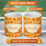 Personalized Custom Name Cute Autumn Fox Cartoon Animal Pattern Stylish Everyday Mug Lovely 11oz Ceramic Coffee Tea Mug White Large Handle