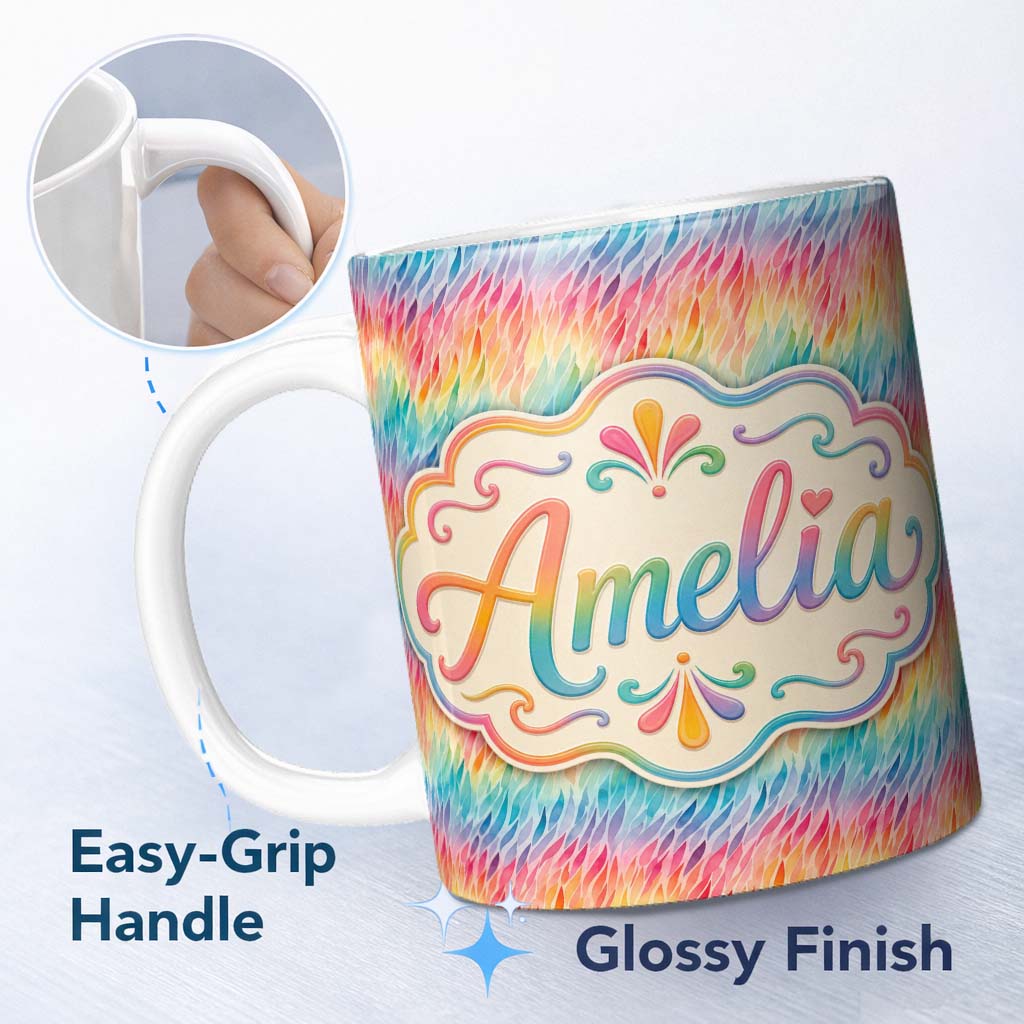 Personalized Custom Name Geometric Rainbow Curved Blocks Pattern Seamless Pattern Lovely 11oz Ceramic Coffee Tea Mug White Large Handle