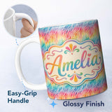Personalized Custom Name Geometric Rainbow Curved Blocks Pattern Seamless Pattern Lovely 11oz Ceramic Coffee Tea Mug White Large Handle