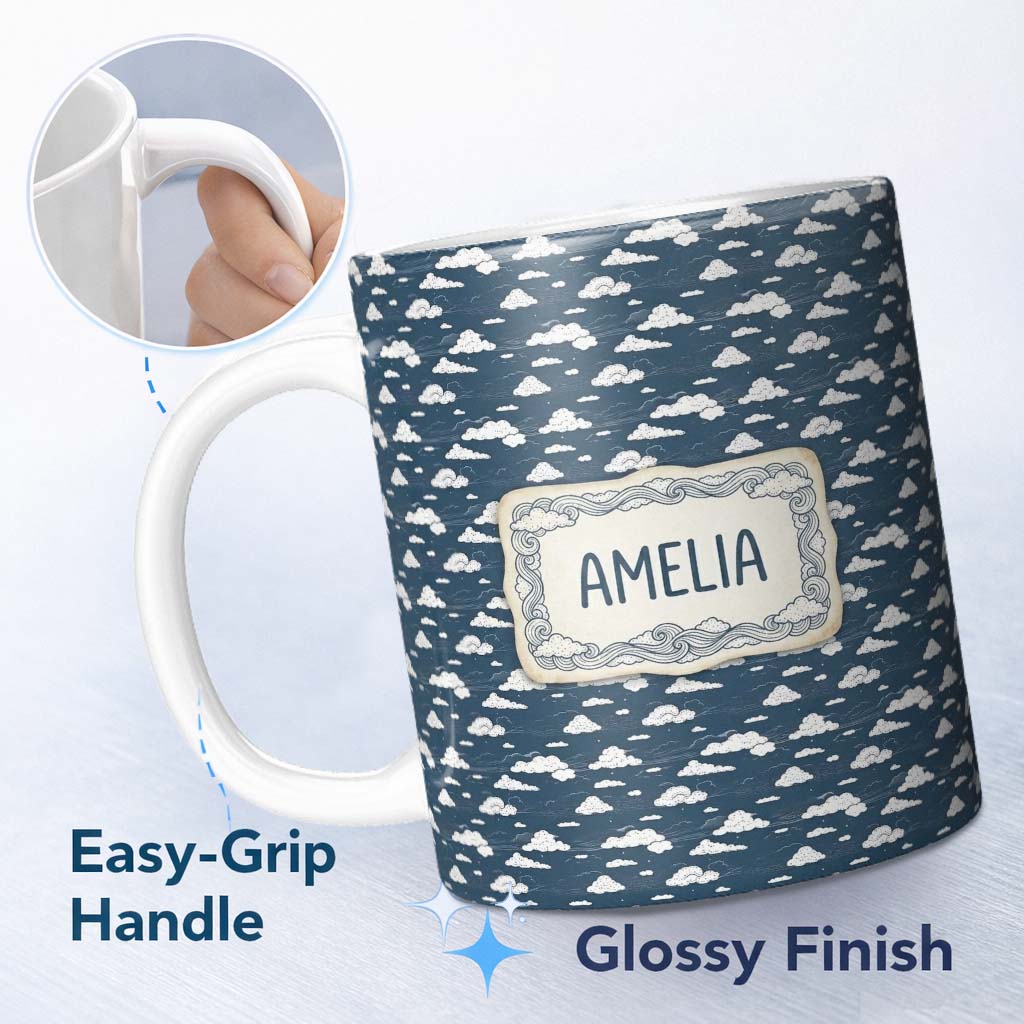 Personalized Custom Name Artistic Sketch Cloud Pattern Navy Background Hand Drawn Style 11oz Ceramic Coffee Tea Mug White Large Handle